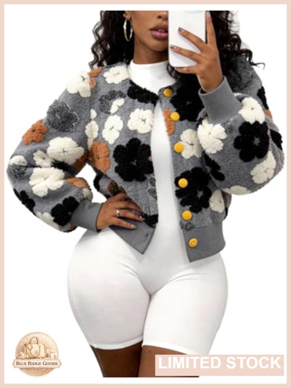 Women's Floral Fleece Bomber Jacket Cropped Warm Fall Coat